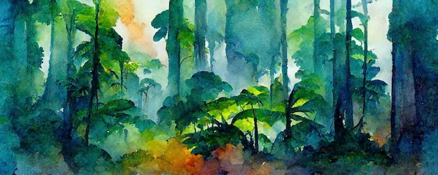 Компьютерная иллюстрация тропического пейзажа, акварель, акрил, тушь, компьютерная графика