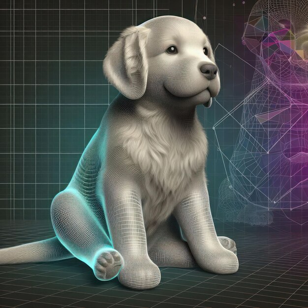 Computermodel van een zittende hond