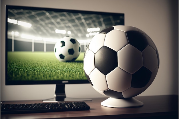 Computermonitor en voetbalbal op bureau