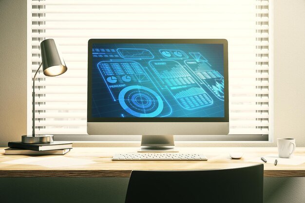 Computermonitor met abstracte creatieve analysegegevens spreadsheetanalyse en analyseconcept 3D Rendering
