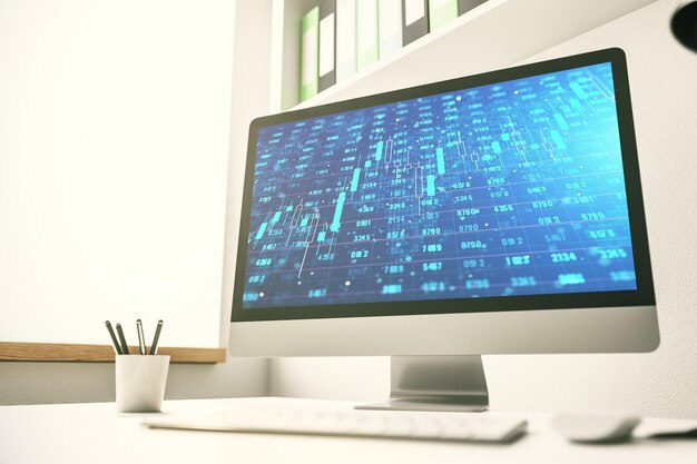 Computermonitor met abstracte creatieve analysegegevens spreadsheetanalyse en analyseconcept 3D Rendering