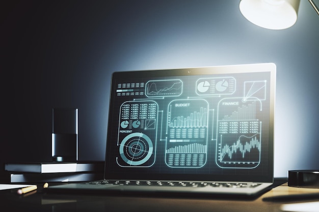 Computermonitor met abstracte creatieve analysegegevensspreadsheetanalyse en analyseconcept 3D-rendering