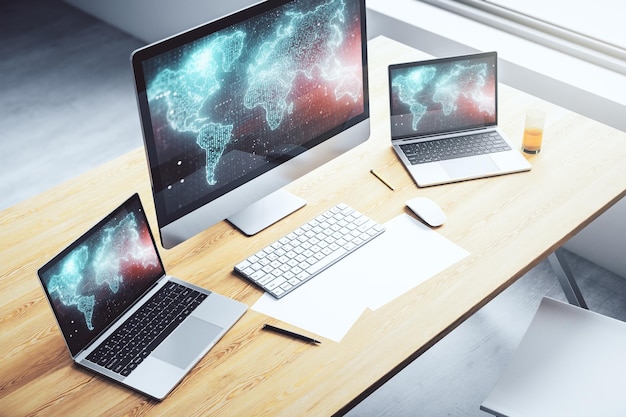 Computermonitor met abstracte creatieve digitale wereldkaart globalisering concept 3D Rendering