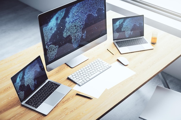 Computermonitor met abstracte creatieve digitale wereldkaart globalisering concept 3D Rendering