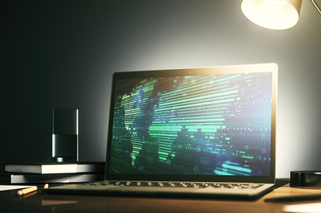 Computermonitor met abstracte creatieve digitale wereldkaart globalisering concept 3D Rendering