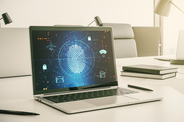 Computermonitor met abstracte vingerafdrukscaninterface digitaal toegangsconcept 3D-rendering