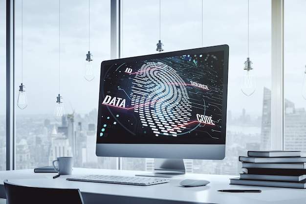 Computermonitor met abstracte vingerafdrukscaninterface digitaal toegangsconcept 3D-rendering