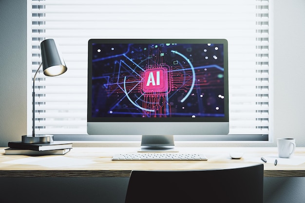 Computermonitor met creatieve kunstmatige intelligentie afkorting Toekomstige technologie en AI-concept 3D Rendering