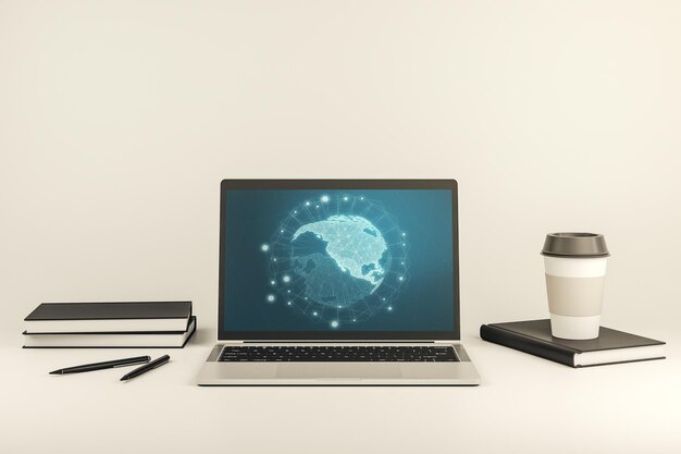 Computermonitor met digitale kaart van Amerika wereldwijd technologieconcept 3D-rendering