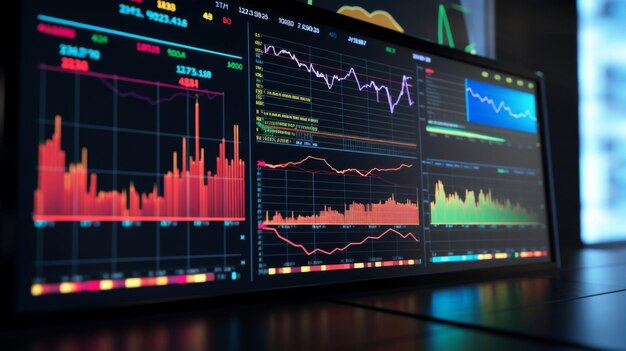 Foto computermonitor met futuristische gegevensgrafiek