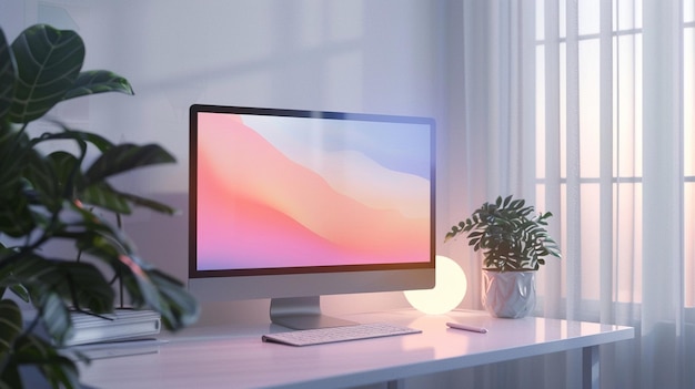 Computermonitor met gradiëntdisplay op witte achtergrond van een moderne kamer
