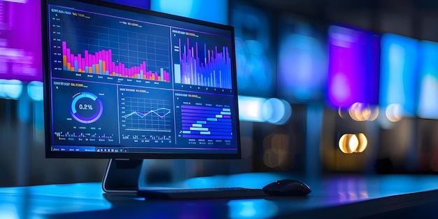 Computermonitor met realtime netwerkmonitoring dashboard met data-analyse en grafieken Concept Data visualisatie Realtime monitoring Network analytics Dashboard display