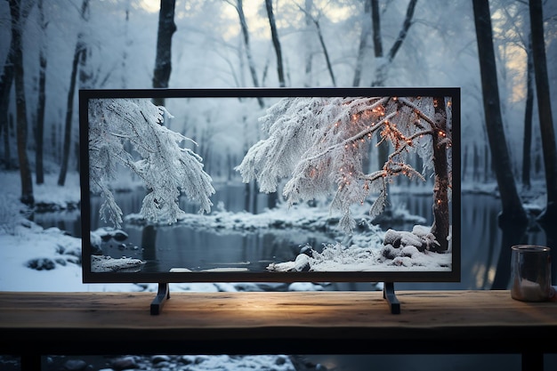 Computermonitor op een tafel voor een raam in een besneeuwde wintertuin