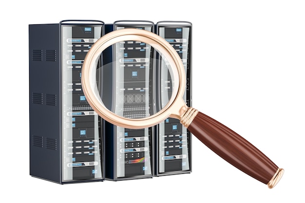 Computerracks met een vergrootglas voor 3D-weergave