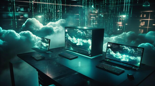 Photo computers and cloud behind an icon