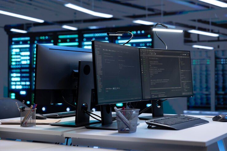 Photo computers in data center facility used for managing rackmounts energy