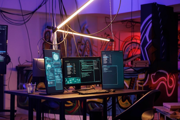 Computers met kwaadaardige ransomware die code uitvoeren op schermen in een verlaten magazijn Encryptie software meerdere vensters en wachtwoord hacking activiteit op monitors in een donkere kamer