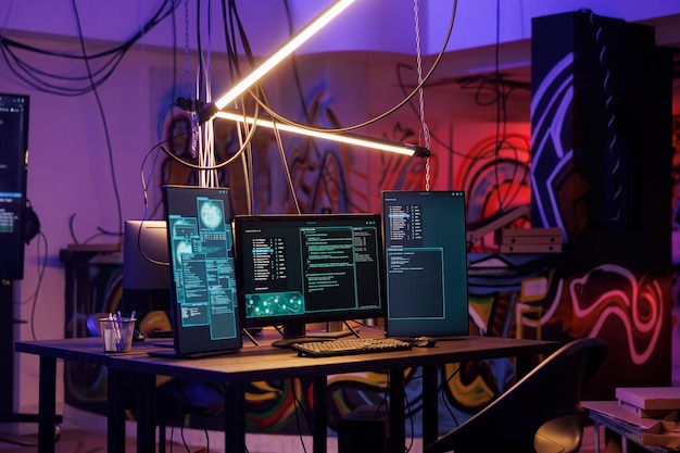 Computers with malicious ransomware running code on screens in abandoned warehouse Encryption software multiple windows and password hacking activity on monitors in dark room