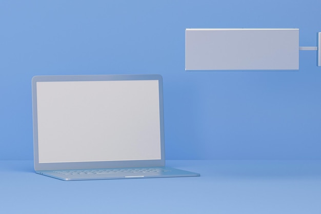 Computerscherm en bord op pastelblauwe kleurenachtergrond Concept van studie online onderwijs