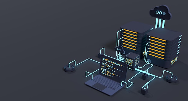 Computertechnologie 3D-illustratie Berekening van big data center Cloud computing Online-apparaten uploaden en downloaden van informatie Moderne 3D-illustratie 3D-rendering