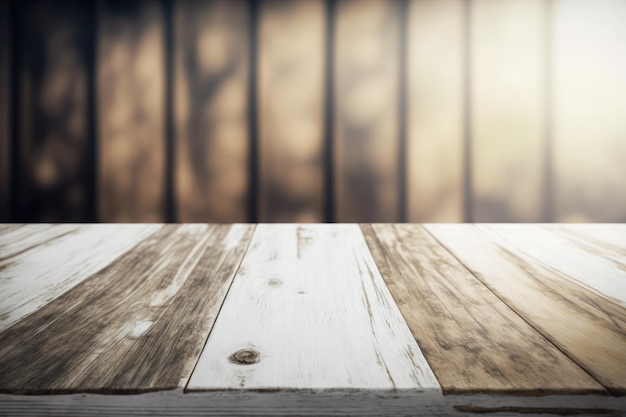 Concealment created by a wooden wall blurred wood tabletop with scenic background