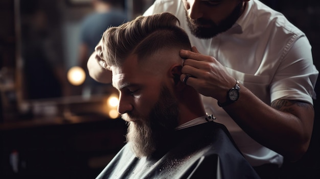 A concentrated barber meticulously styling a man39s haircut