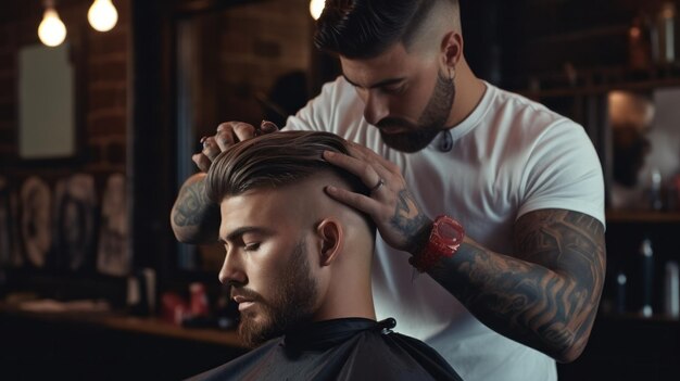 A concentrated barber meticulously styling a man39s haircut