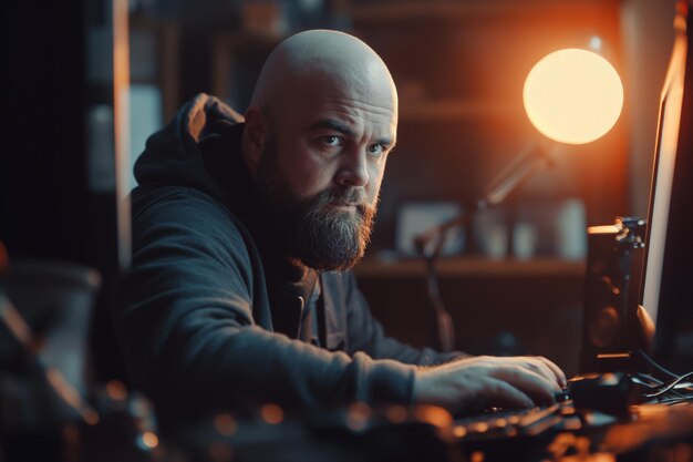 Concentrated bearded man at a warmly lit desk