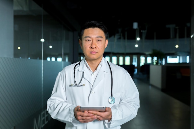 Concentrated and confident Asian doctor in the corridor of the clinic looks at the camera and holds a tablet computer