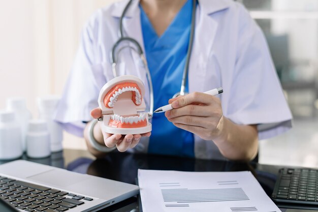 Concentrated dentist sitting at table with jaw samples tooth model and working with tablet and laptop in dental office professional dental clinic.