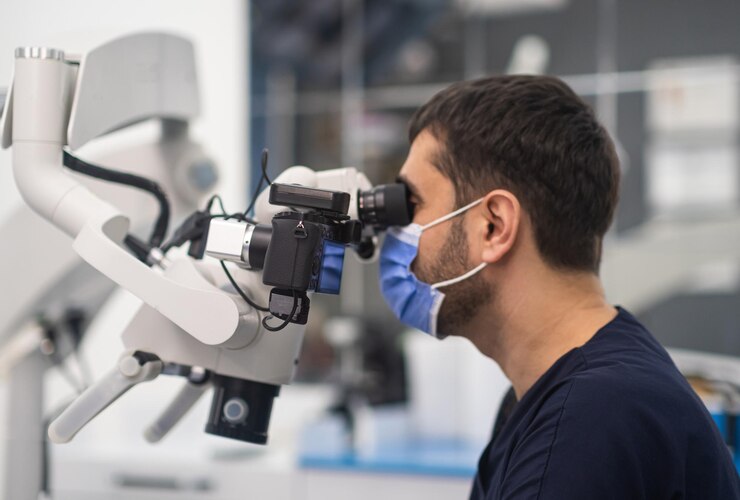 Concentrated dentist with medical mask on face looking in innovative dental microscope