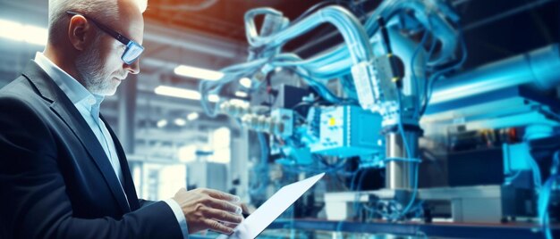 concentrated engineer examining robotic machine in industry