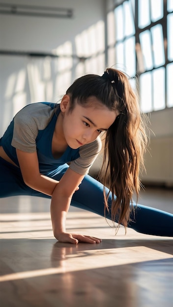 Concentrated girl doing her stretches