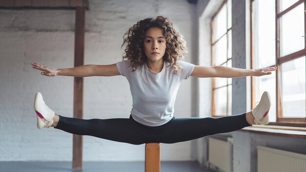 Concentrated girl showing a balance exercise