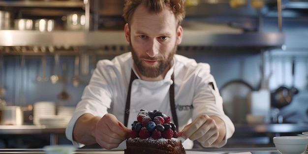 Foto cuoco maschio concentrato che aggiunge bacche a una torta in una cucina professionale arte culinaria in corso attenzione dedizione e abilità mostrate perfette per blog e siti web culinari ai