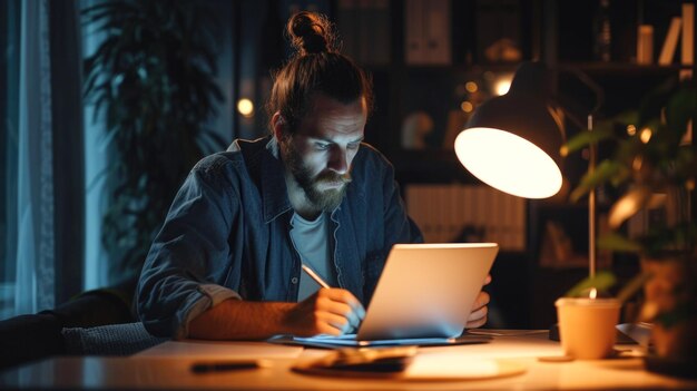 Foto professionista maschile concentrato che rivede le informazioni sul tablet in un ufficio scarsamente illuminato