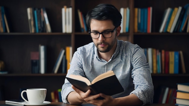 Concentrated man enjoying reading book