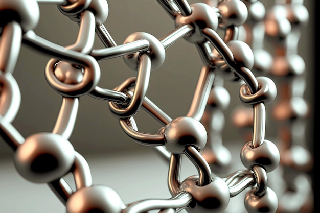 Foto struttura concentrata del primo piano della molecola sotto forma di griglia d'argento con cellule e sfere