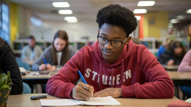 Concentrated student writing his idea