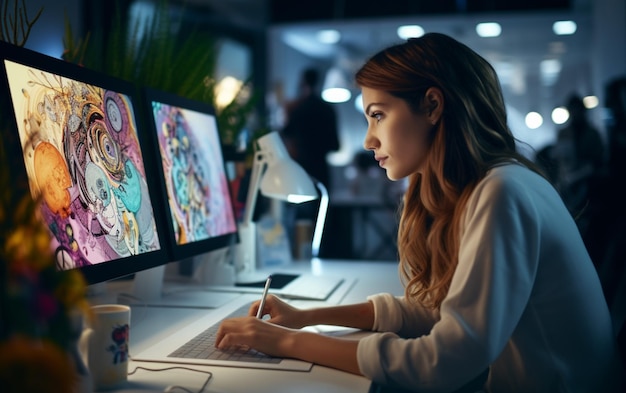 Photo concentrated woman designer using graphics tablet and computer