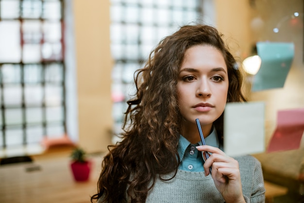 Photo concentrated woman making plan on sticky notes.