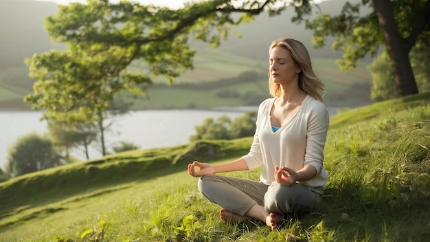 Concentrated woman meditating in nature