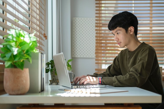 Concentrated young asian man working online with laptop in bright modern home office