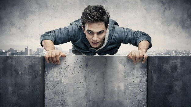 Photo concentrated young man jumping over grey wall