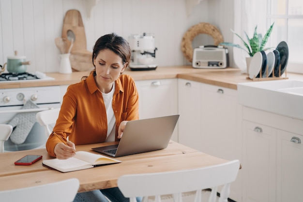 Concentrated young woman is entrepreneur and remote worker Freelance and distance work concept