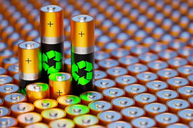 再生可能エネルギーの集中。古い電池のリサイクル。安全なエネルギー。原子力発電所を禁止します。 3Dレンダリング。
