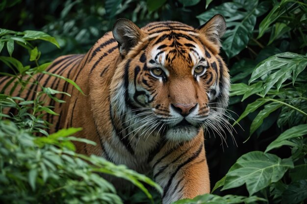 Concentreer je op de intense blik van een rondzwervende tijger te midden van weelderig gebladerte