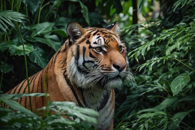 Concentreer je op de intense blik van een rondzwervende tijger te midden van weelderig gebladerte
