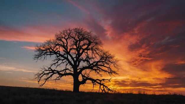 Concentreer je op het majestueuze silhouet van een eenzame boom tegen de achtergrond van een kleurrijke zonsondergang