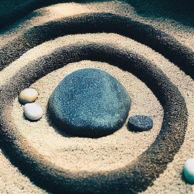 Concentric sand circles around stones as meditation concept